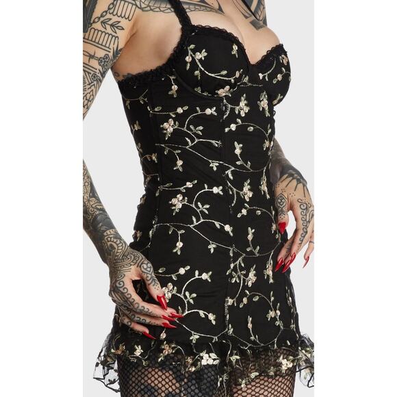 NWT Dolls Kill Protected Aura Slip Dress Black Embroidered Flowers Goth Sz M - Picture 10 of 12